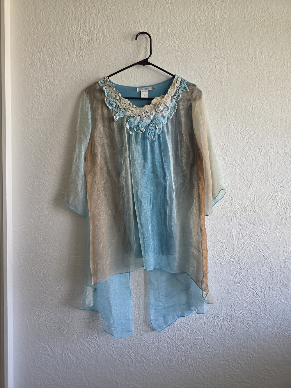 Light Blue & Beige Embellished Neckline High-Low Tunic